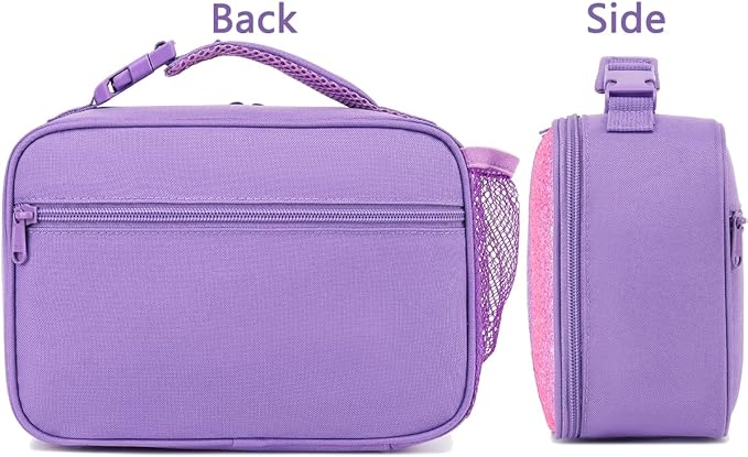FlowFly Kids Lunch box Insulated Soft Bag Mini Cooler Back to School Thermal Meal Tote Kit for Girls, Boys,Purple#Glitter