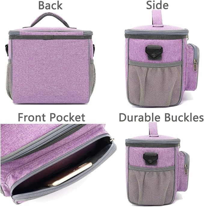 FlowFly Insulated Reusable Lunch Bag Adult Large Lunch Box for Women and Men with Adjustable Shoulder Strap,Front Zipper Pocket and Dual Large Mesh Side Pockets,Purple