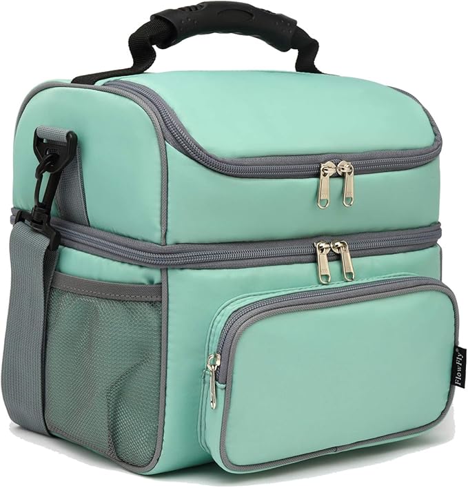 FlowFly Double Layer Cooler Insulated Lunch Bag Adult Lunch Box Large Tote Bag for Men, Women, With Adjustable Strap,Front Pocket and Dual Large Mesh Side Pockets