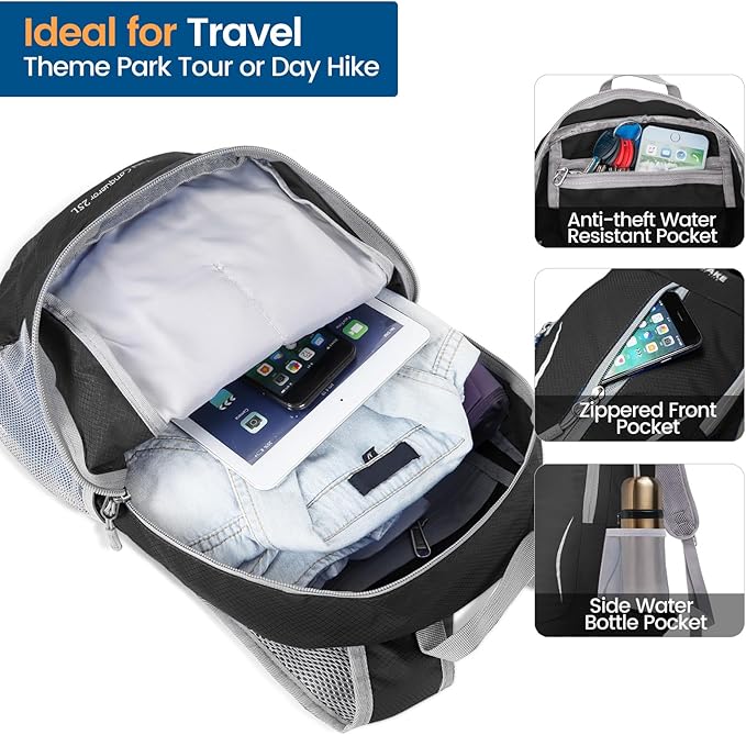 ZOMAKE Ultra Lightweight Packable Backpack 25L, Foldable Hiking Backpacks Water Resistant Small Folding Daypack for Travel(Black)