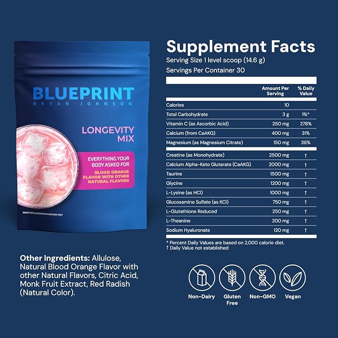Blueprint Bryan Johnson Longevity Mix - Muscle Builder & Recovery Supplement - Promotes Focus and Balanced Mood - Creatine, L-Theanine- Vegan, Keto Friendly (30 Servings (Pack of 1), Blood Orange)