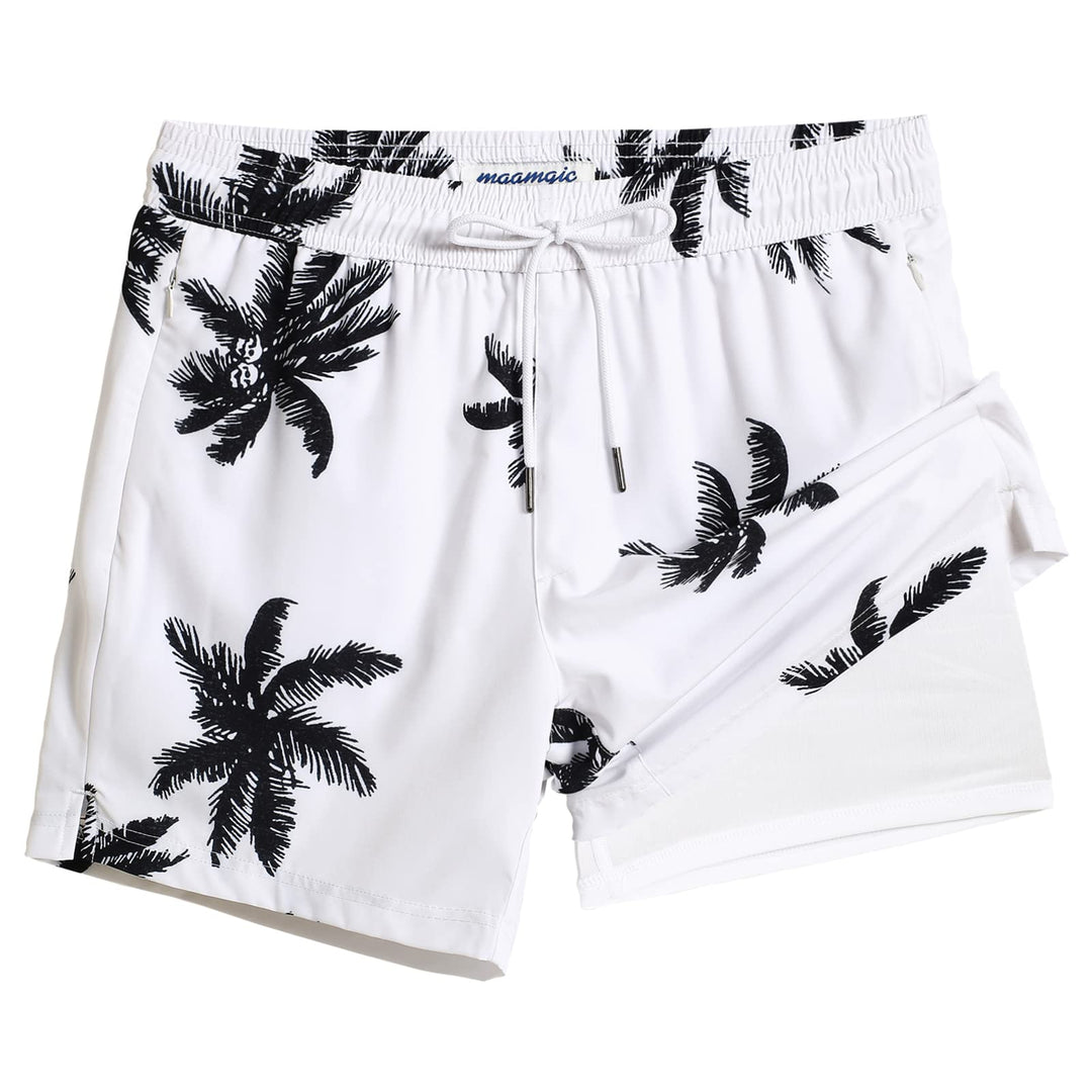 maamgic Mens Swim Trunks with Compression Liner 5" Stretch Beach Shorts Quick Dry with Zipper Pockets No-Chafing Board Shorts White-Palm Tree XS