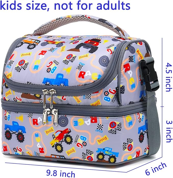 FlowFly Double Decker Cooler Insulated Lunch Bag Large Tote for Boys, Girls, Men, Women, With Adjustable Strap (Truck)