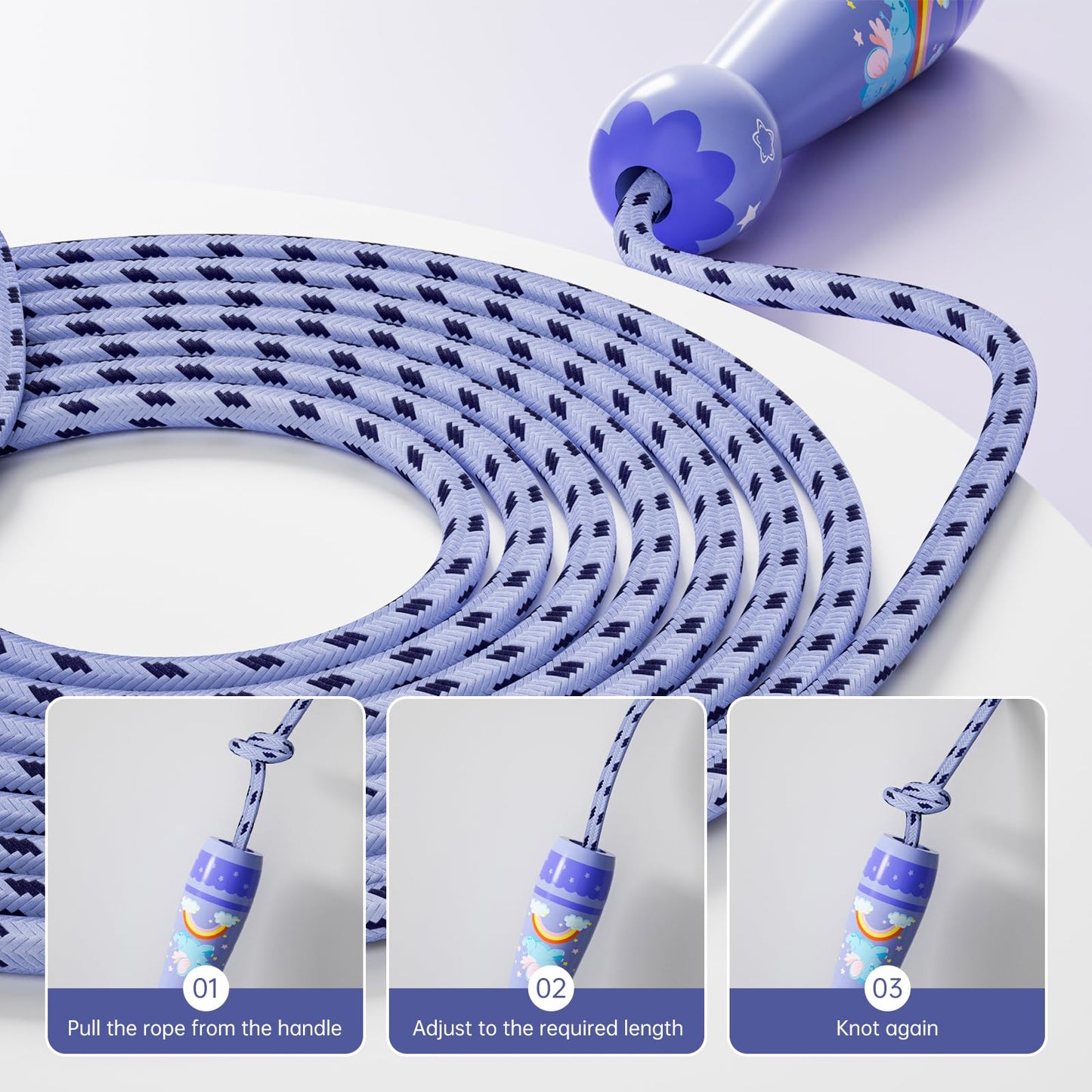 Jump Rope for Kids-Adjustable Cotton Braided Skipping Rope with Wooden Handle for Toddler Fitness Workout Exercise Outdoor Activity