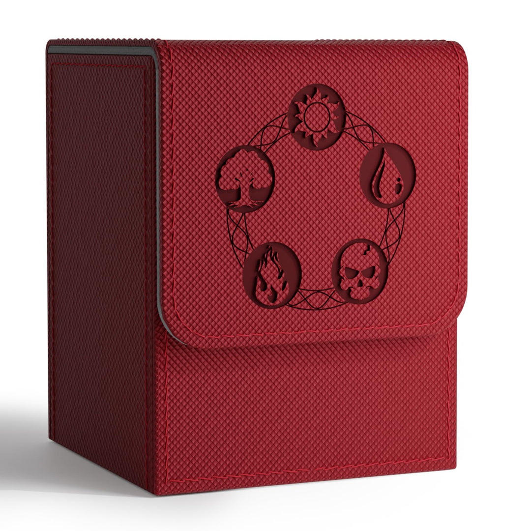ZLCA Card Deck Box for Trading Cards with 2 Dividers, Card Storage Box Fits 100+ Single Sleeved Cards, PU Leather Strong Magnet Card Deck Case Holder for Magic Commander TCG CCG (Red)