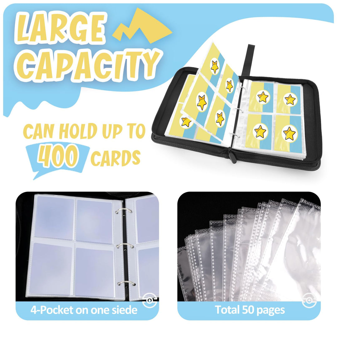 Card Binder 4-Pockets, 400 Pockets Card Holder with 50 Removable Sleeves, Trading Card Collector Zipper Album Holder, Yellow Blue