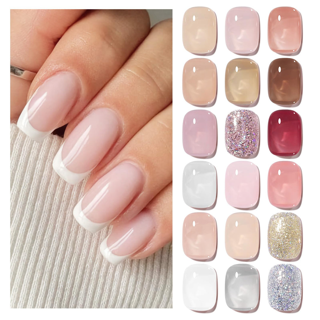 Born Pretty Jelly Gel Nail Polish Set Sheer Clear Nude Pink Color Crystal Transparent Translucent with Glossy Matte Top Coat Base Gel Nail Art DIY Manicure Salon Home 21PCS