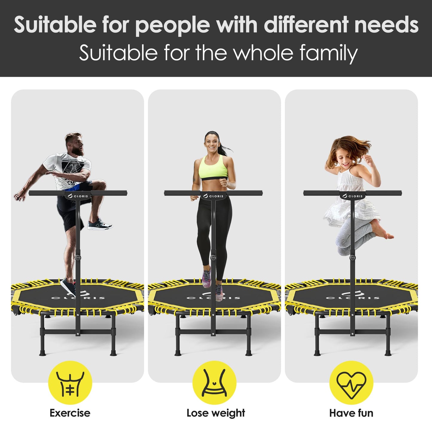CLORIS 38in/40in/48in Folding Trampoline Mini Rebounder Fitness Trampoline with Adjustable Foam Handle for Kids/Adult, with safty Padded Cover Best Gift for Kids/Adult (Yellow)โฆ (48in-Yellow)