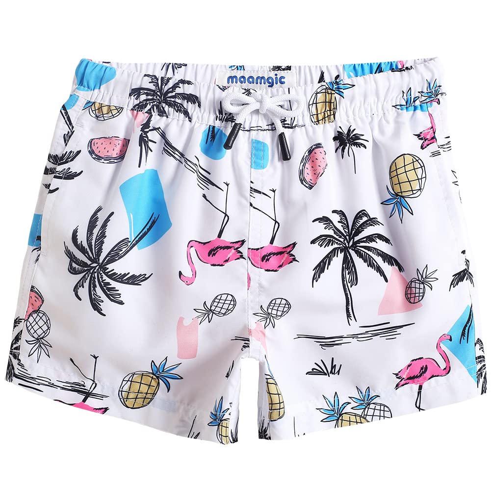 maamgic Boys Swim Trunks Toddler Swim Shorts Little Boys Bathing Suit Swimsuit Toddler Boy Swimwear,White-Watermelon Palm Flamingo,2 T