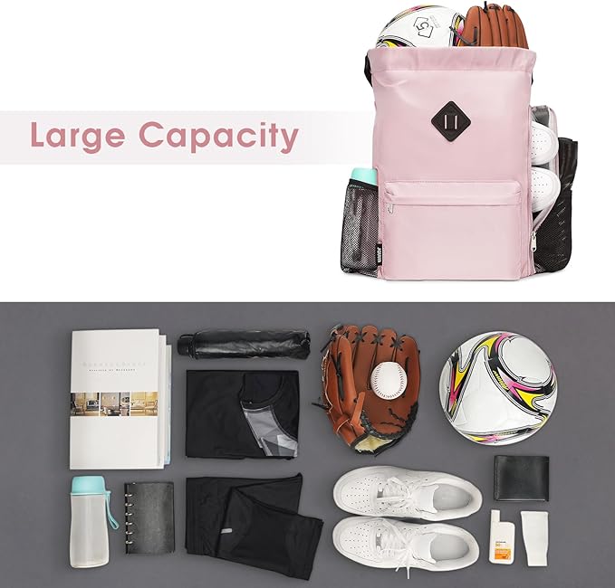 WANDF Drawstring Backpack Sports Gym Bag with Shoes Compartment, Water-Resistant String Backpack Cinch for Women Men (Large,Pink)