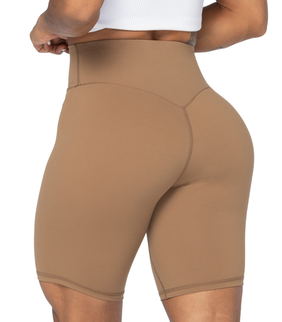 Sunzel 8" High Waist Biker Shorts for Women No Front Seam Soft Yoga Workout Gym Bike Shorts Tummy Control Squat Proof Brown