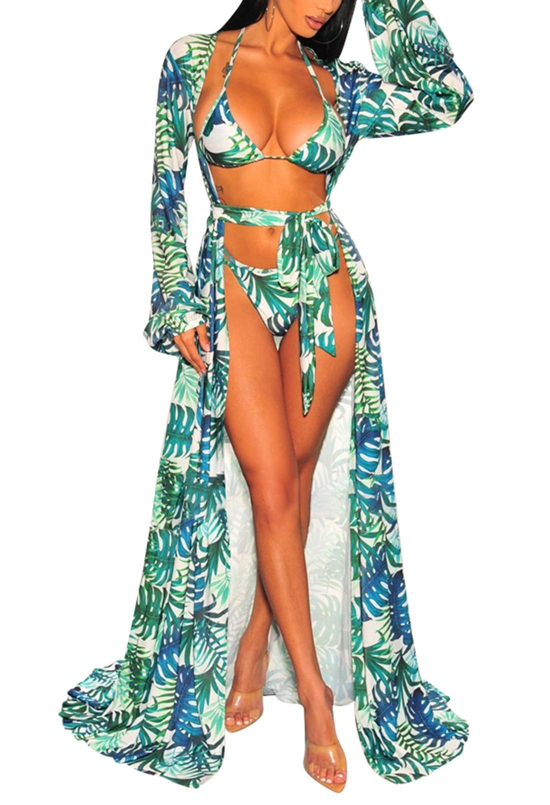 Women's Sexy Mesh Maxi Long Sleeve Swimsuit Beach Cover Up Dress, Tropical Plants Print, S