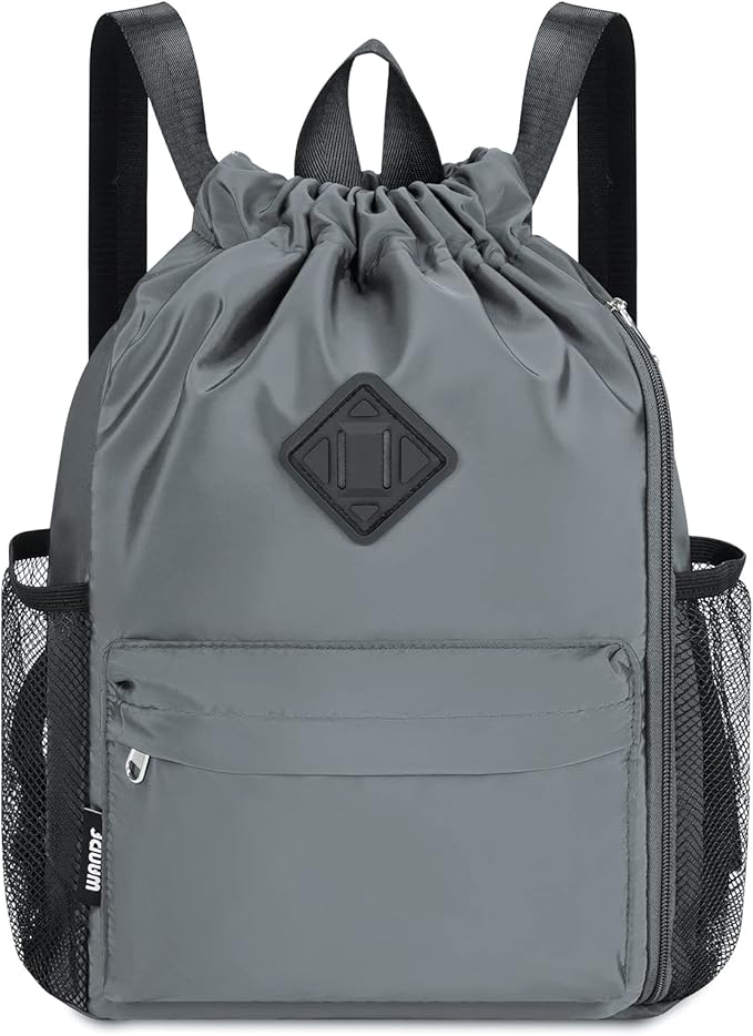 WANDF Drawstring Backpack Sports Gym Bag with Shoes Compartment, Water-Resistant String Backpack Cinch for Women Men(Small,Grey)