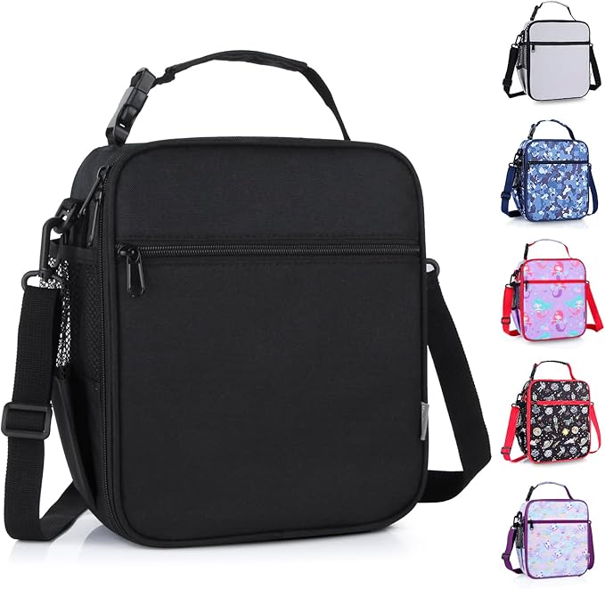 Kids Insulated Lunch Box Bag, Thermal Picnic Cool Bags with Adjustable Strap for Adults Children Women Men Boys Girls School Work (Black)