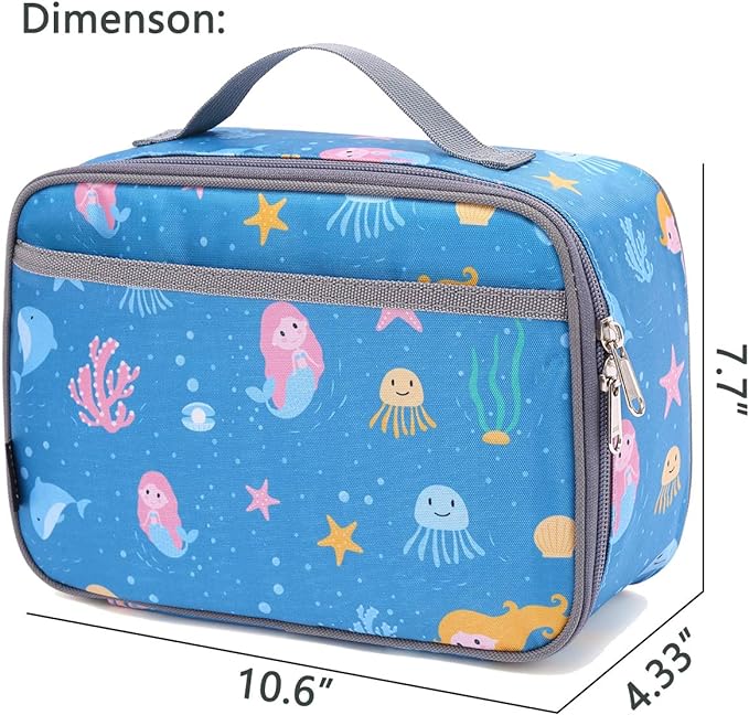 FlowFly Kids Lunch box Insulated Soft Bag Mini Cooler Back to School Thermal Meal Tote Kit for Girls, Boys, Mermaid