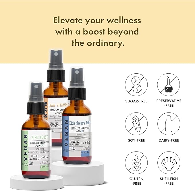 Immunity Pack Liquid Vitamins (Pack of 3) Sambucus Nigra Elderberry Mist, Zinc Boost Mist and Vitamin C Mist (Extra Strength) and Organic Vegan Vitamin B12 Supplement Liquid Mist