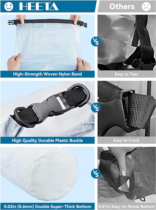 HEETA Dry Bag Waterproof for Women Men, 5L/10L/20L/30L/40L Roll Top Lightweight Dry Storage Bag Backpack with Phone Case for Travel, Swimming, Boating, Kayaking, Camping & Beach, 11 Transparent Colors