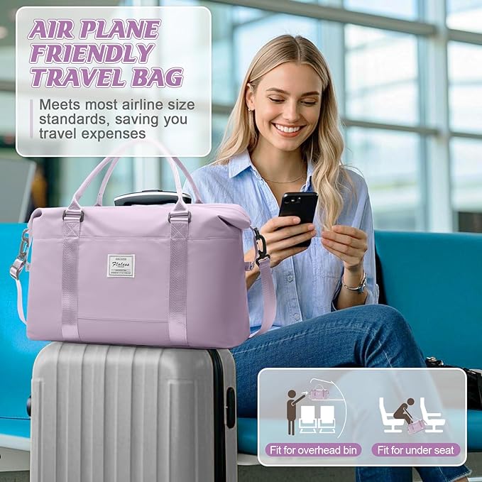 Light Purple Sports Duffel Bags for Women Weekender Travel Totes Bag for Airplane, Cute Sports Gym Dance Bag Overnight Luggage Bag with Wet Pocket, Carry On Hospital Bag for Labor and Delivery