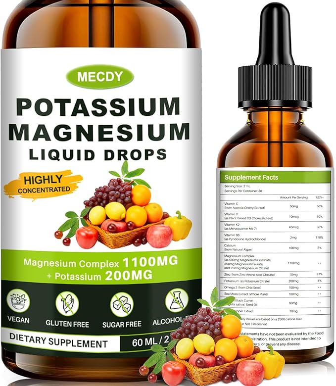 Magnesium Glycinate Liquid, Triple Magnesium Complex 1100MG, Potassium Magnesium Supplement with Vitamins & Calcium, Relieves Fatigue, Promotes Muscle, Joint & Nerve Health, 2 FL.OZ Drops