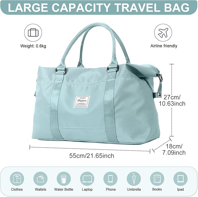 BJLFS Duffel Bag, Light Blue Nylon, 60L, Water-Resistant, Adjustable Strap, Overnight Travel, Workout, Sports Activities, Fits 15.6 Inch Laptop