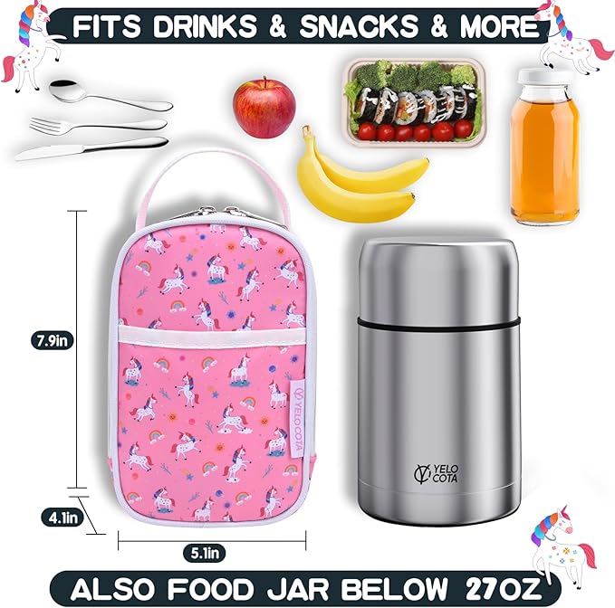 Yelocota Small Cooler Bag- Snack Bag- Insulated Lunch Bag for Kids- Lunch Thermal Bags- Exact Designed for Insulated Food Jar below 27oz-Lunch Tote Bag for Child,Men,Women