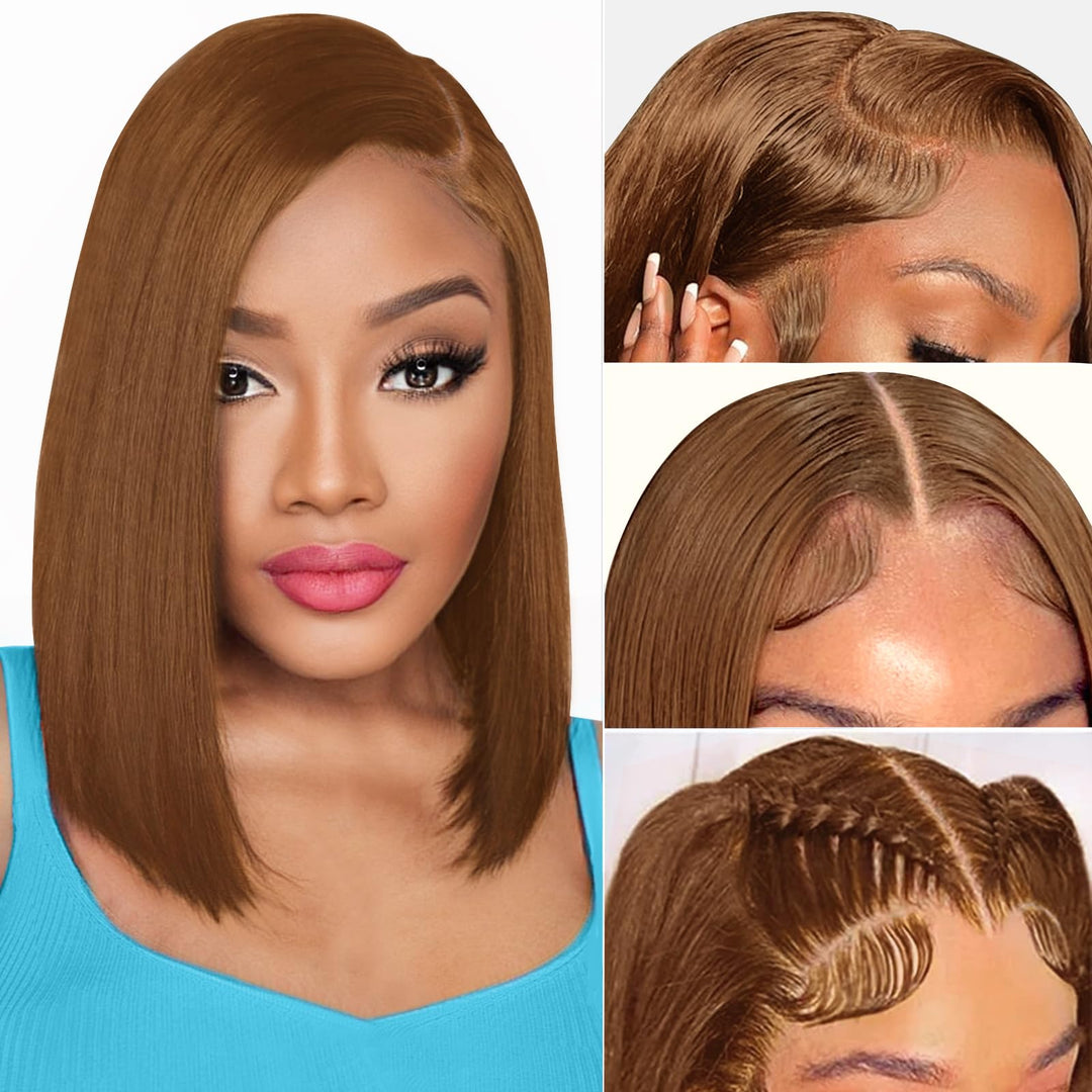 Chocolate Brown Bob Wig Human Hair 13X4 Frontal Lace Wig For Black Women 14 Inch Straight Hd Lace Front Wigs Human Hair Pre Pluc