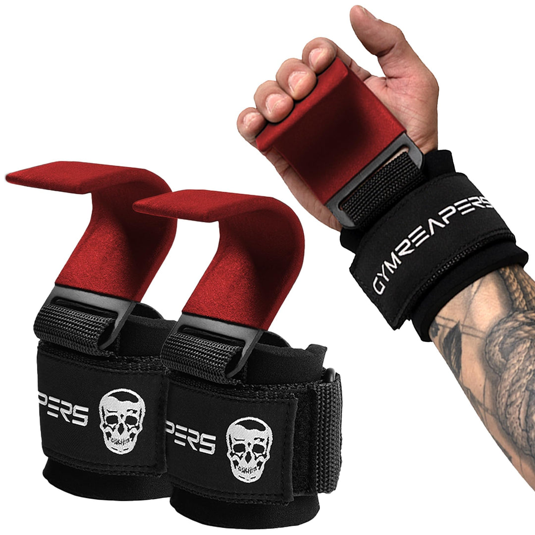 Gymreapers Weight Lifting Hooks (Pair), Heavy Duty Power Wrist Straps Hand Grip Support for Deadlifts, Pull Ups, Shrugs - Gym Gloves for Men and Women (Red)