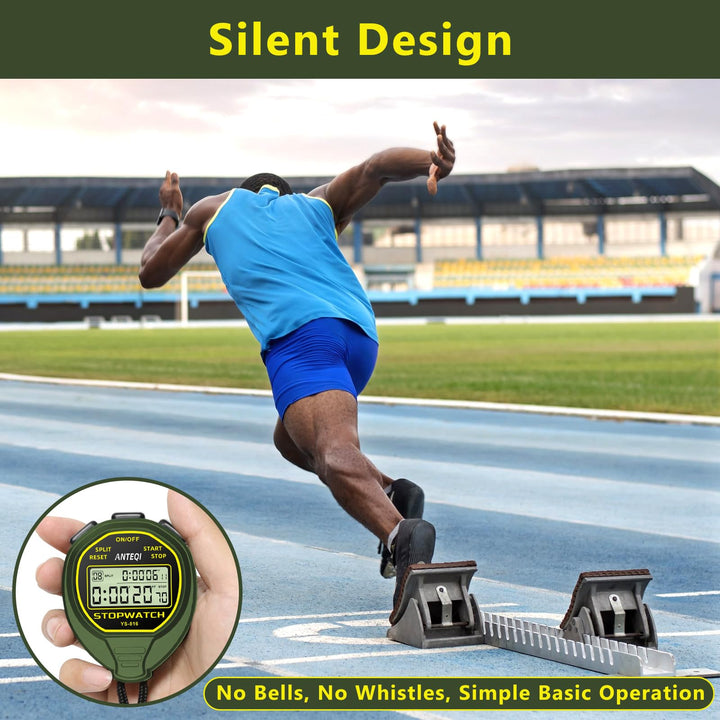 20 Laps Memory Stopwatch Waterproof, ON/Off Function Digital Simple Stopwatch Timer, No Clock No Calendar No Alarm, Silent Stop Watch for Sports Coaches Swimming Running, Green