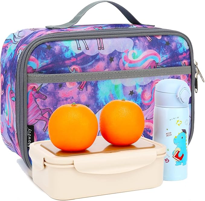 FlowFly Kids Lunch box Insulated Soft Bag Mini Cooler Back to School Thermal Meal Tote Kit for Girls, Boys, Unicorn#2