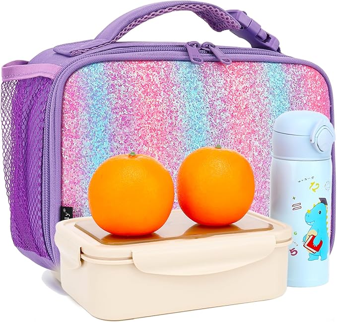 FlowFly Kids Lunch box Insulated Soft Bag Mini Cooler Back to School Thermal Meal Tote Kit for Girls, Boys,Purple#Glitter