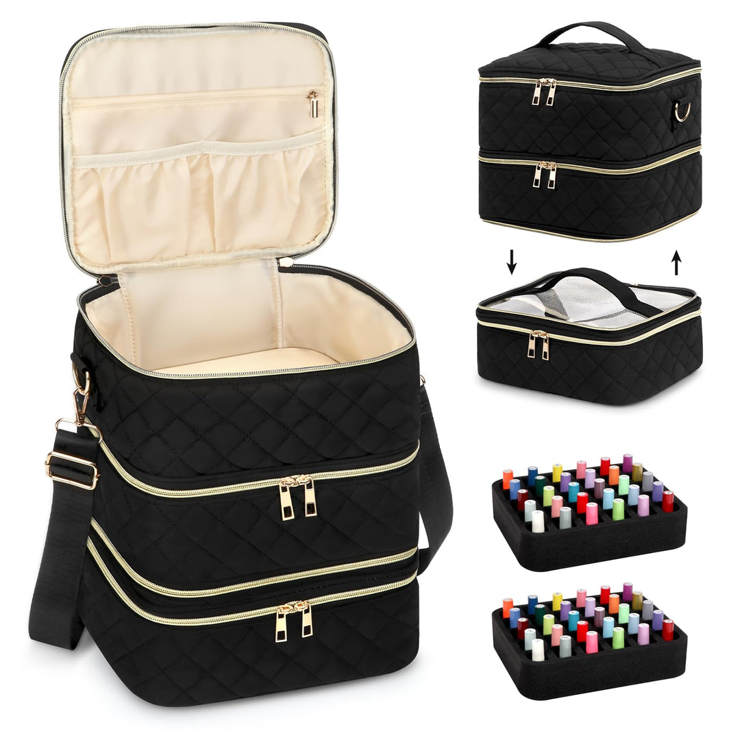 Yokilly Nail Polish Organizer Case, Three Layer Nail Organizers and Storage Hold 60 Bottles & Nail Lamp, Nail Bag Organizer Case