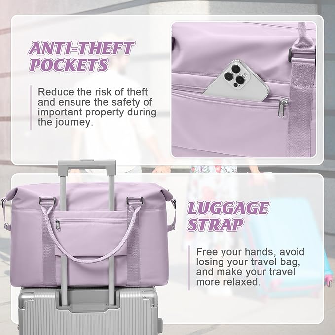 Light Purple Sports Duffel Bags for Women Weekender Travel Totes Bag for Airplane, Cute Sports Gym Dance Bag Overnight Luggage Bag with Wet Pocket, Carry On Hospital Bag for Labor and Delivery
