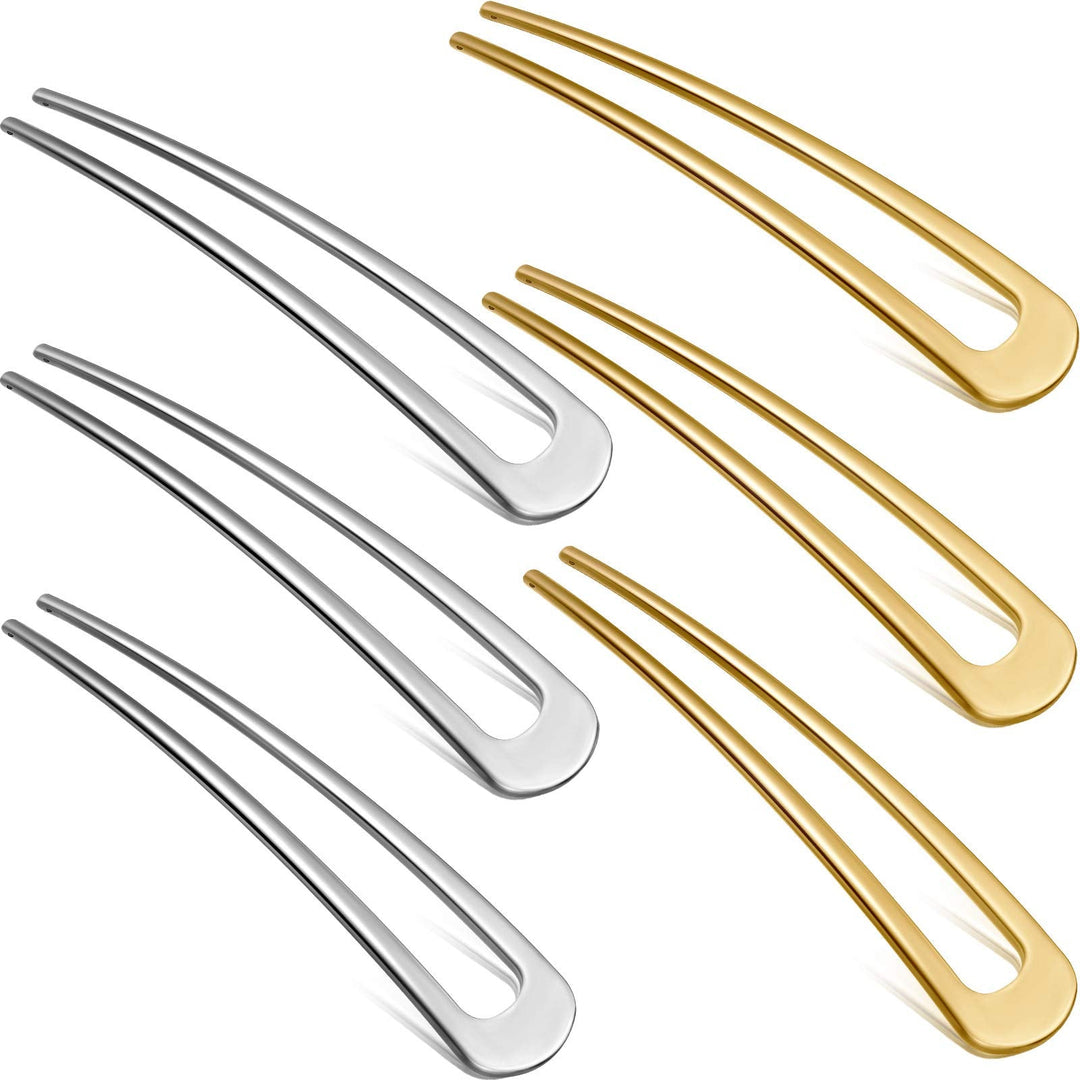 6 Pieces French Hair Pins Simple Metal U Shaped Hairpins Gold Hair Fork Sticks 2 Prong Updo Chignon Pins For Women Girls Buns Ha