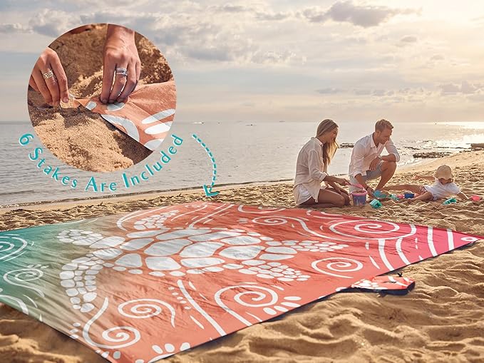 WEKAPO Beach Blanket Waterproof Sandproof Oversized Extra Large Sand Free Beach Mat with Stakes, Storage Bag - Essentials for Outdoor Beach, Picnic (Sea Turtle, 11 X 9 FT (1~10 Person))