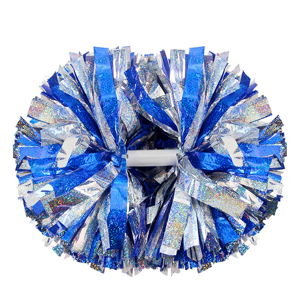 Hooshing 2PCS Cheerleading Pom Poms Blue and Silver Professional Cheer Pom Poms with Baton Handle for Team Spirit Sports Dance Cheering Kids Adults