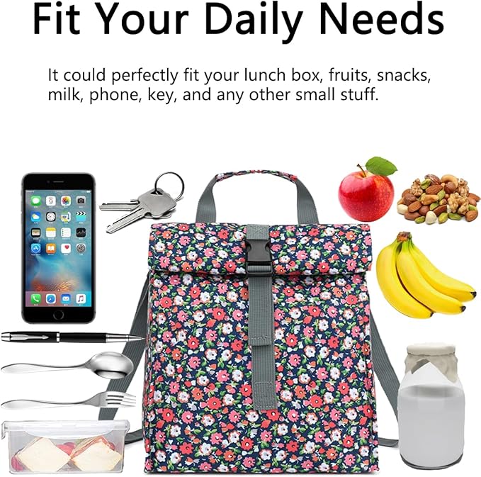 Insulated Lunch Bag for Men/Women/Kids, Roll top Reusable Lunch Box with Adjustable Shoulder Strap, Thermal Lunch Cooler Tote Container for Adults/Teens School Work Office Picnic,Floral
