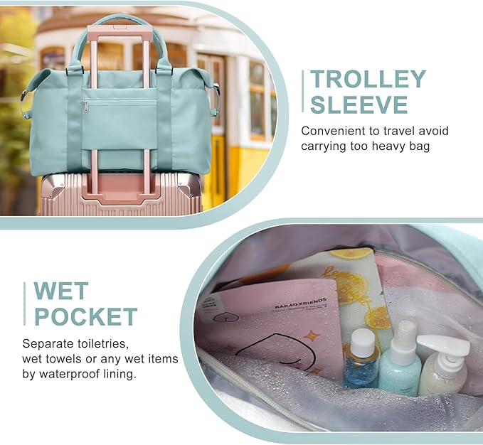 BJLFS Duffel Bag, Light Blue Nylon, 60L, Water-Resistant, Adjustable Strap, Overnight Travel, Workout, Sports Activities, Fits 15.6 Inch Laptop