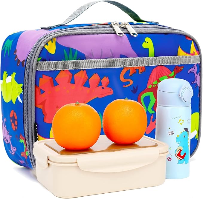 FlowFly Kids Lunch box Insulated Soft Bag Mini Cooler Back to School Thermal Meal Tote Kit for Girls, Boys, Dinosaur