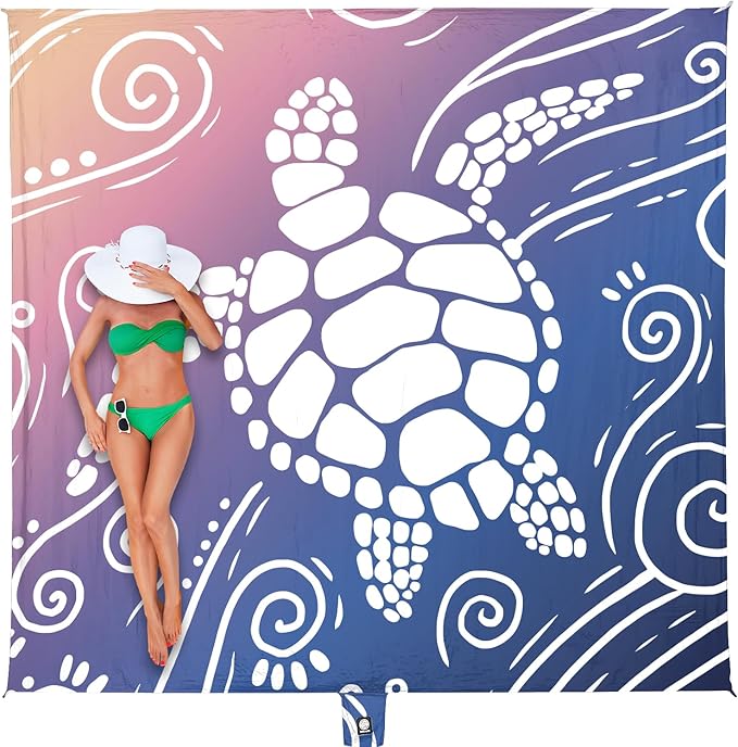 WEKAPO Beach Blanket Waterproof Sandproof Oversized Extra Large Sand Free Beach Mat with Stakes, Storage Bag - Essentials for Outdoor Beach, Picnic (Deep Blue Sea Turtle, 11 X 9 FT (1~10 Person))