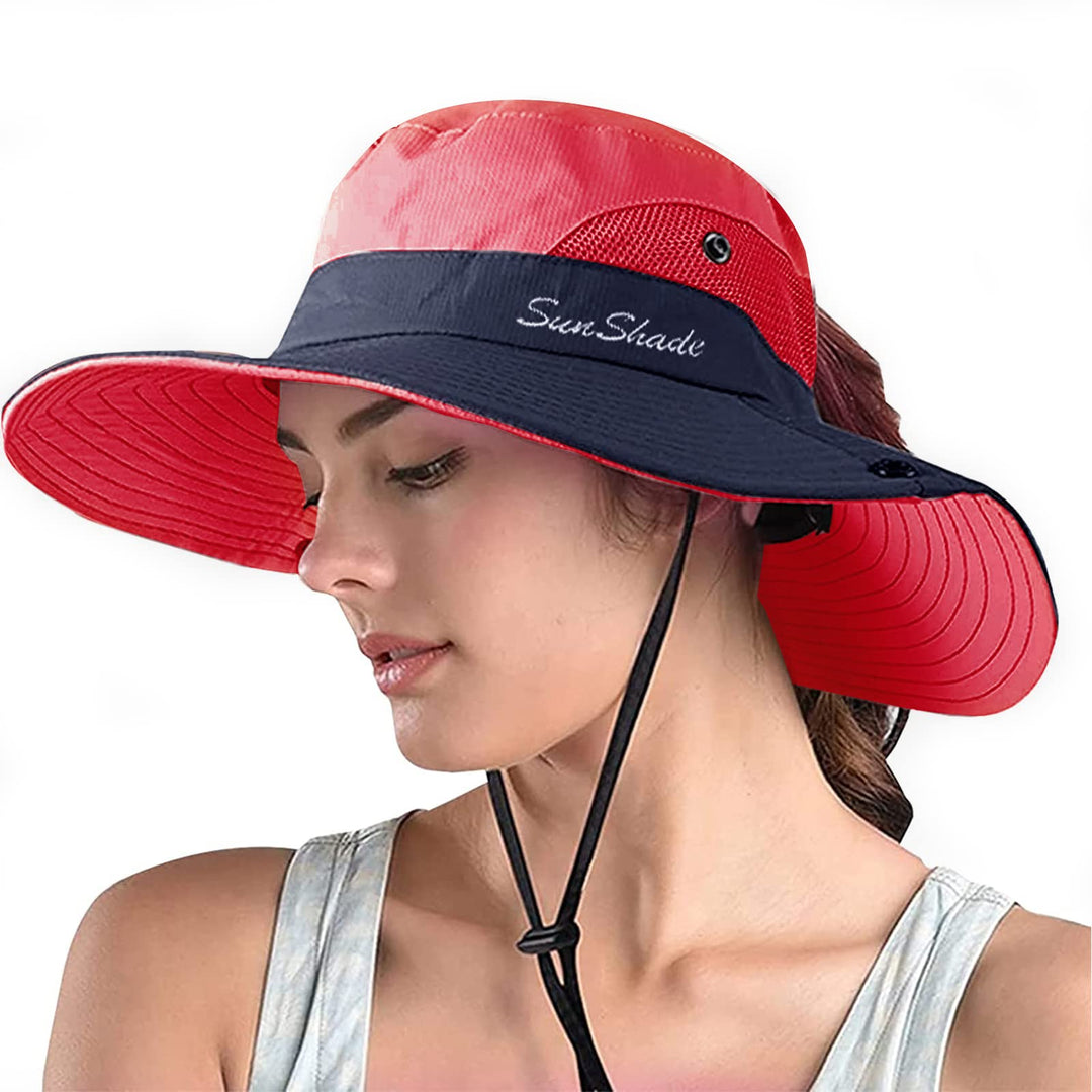 ZOORON 1 Pack Women's Ponytail Safari Sun Hat,Wide Brim UV Protection Outdoor Bucket Hat,Foldable Beach Summer Fishing Hat(red)