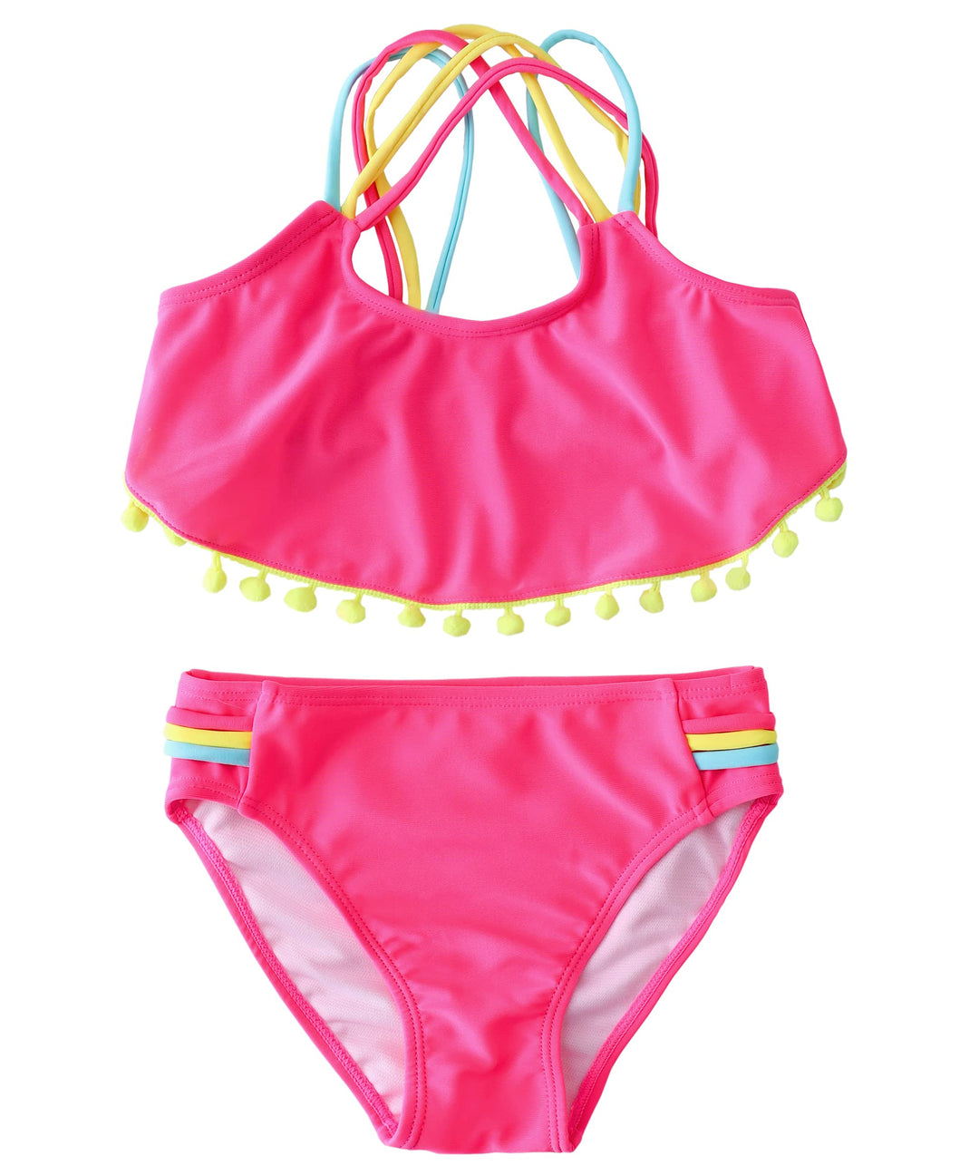 M2C Girls Pompom Tassel Two Piece Bikini Set Triple Cross Strap Crop Swimsuits Rose 8-9