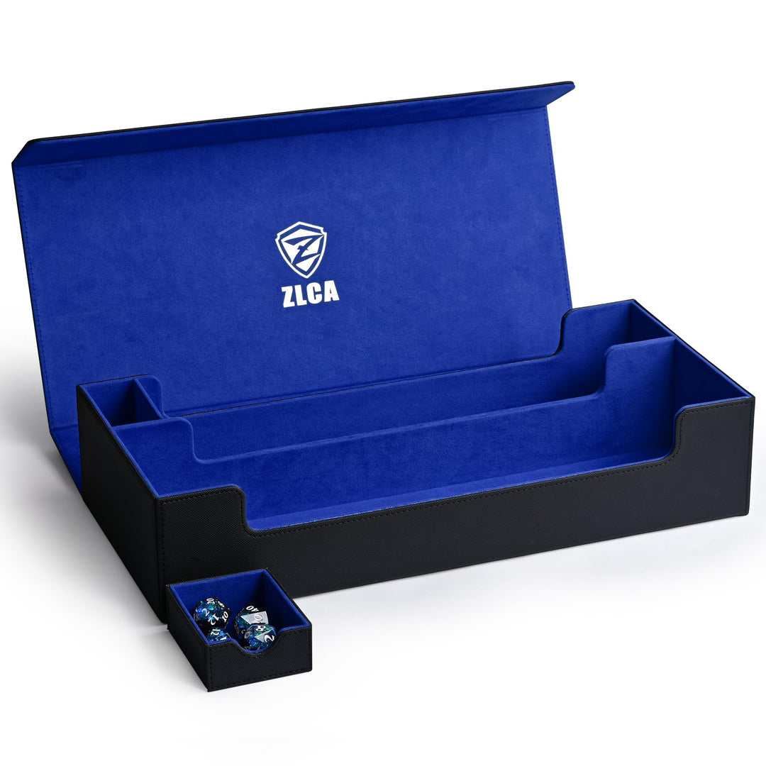 ZLCA X-Large Card Deck Box, Premium Trading Card Storage Box Fits 5 Pcs Small Deck Box with Playmat Case and Removable Dice Tray, Card Deck Case Fits TCG/MTG/Magic/Commander/Yugioh (XL-Black&Blue)