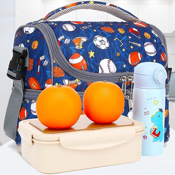 FlowFly Double Decker Cooler Insulated Lunch Bag Large Tote for Boys, Girls, Men, Women, With Adjustable Strap, Football
