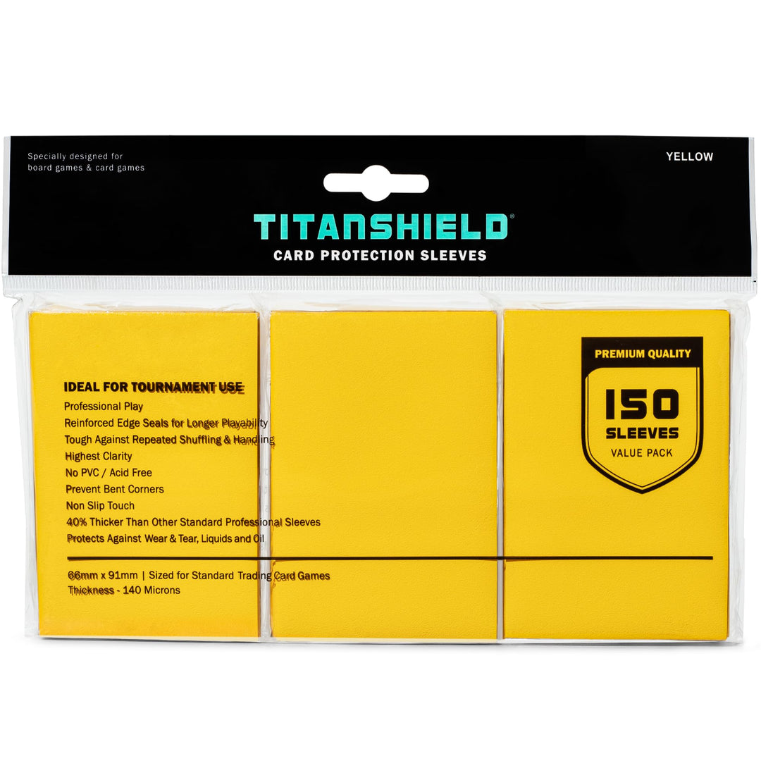 TitanShield (150 Sleeves, Yellow Compatible with Standard Sized Board Games, MTG Magic The Gathering, Lorcana, and Trading Card Sleeves Deck Protector 2.5" x 3.5" 66x91mm