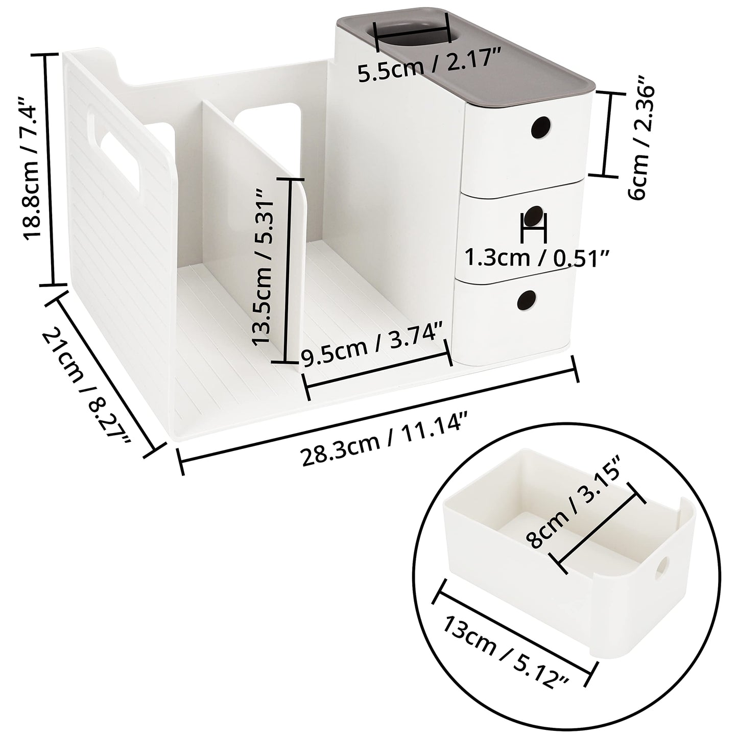 BELLE VOUS White Desktop Storage Organiser with 3 Drawers - PP Plastic Multipurpose Storage Box - Desk Top Shelf Rack for Office Supplies, Files, Books, Pens/Pencils, Stationery & Home Essentials