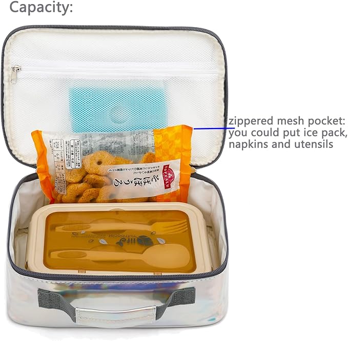 FlowFly Kids Lunch box Insulated Soft Bag Mini Cooler Back to School Thermal Meal Tote Kit for Girls, Boys, Silvery