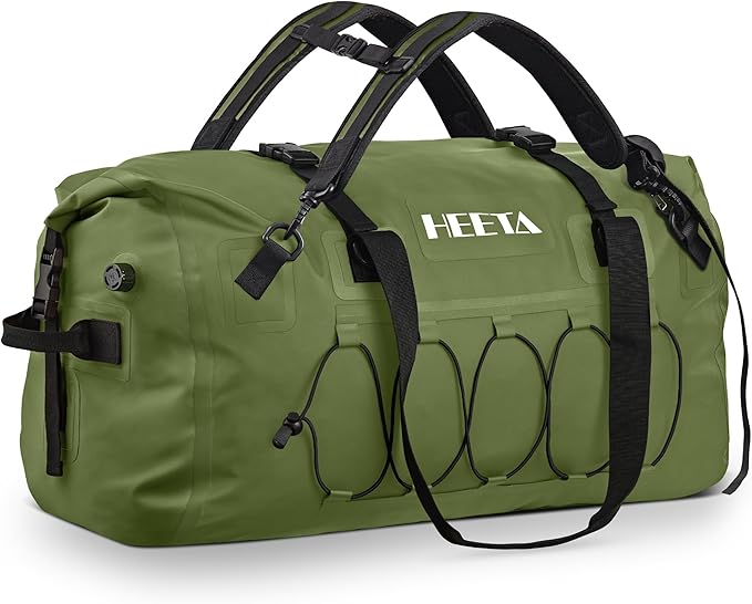 HEETA Waterproof Duffel Bag Motorcycle Dry Bag Backpack, Extra Large Rolltop Travel Duffle Bags with Straps & Handles for Kayaking Rafting Boating Canoeing Camping Gym Beach (Green, 60L)