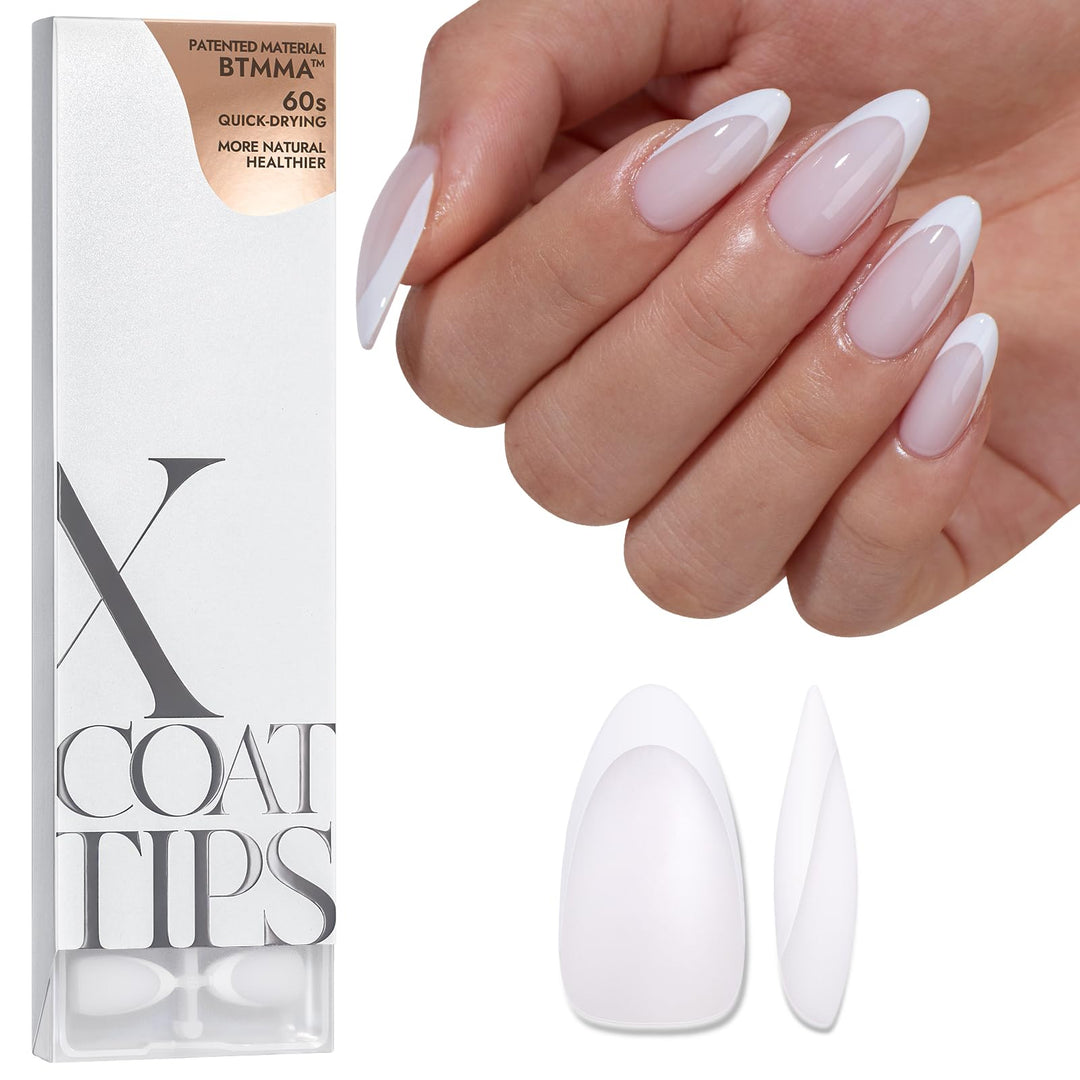 BTArtboxnails XCOATTIPS French Tip Gel Nail Tips Almond - Modern French Tip Press On Nails Medium, Milky White Fake Nails Pre-applied Tip Primer Base Coat, No Need File False Nails for Home DIY