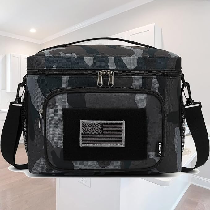 FlowFly Lunch Bag, Insulated Cooler, Thermal Lunch Box Tote with MOLLE/PALS Webbing, Adjustable Padded Shoulder Strap, for Tactical Men Women Adults and Boys Girls Kids (Black#Camo, Large)