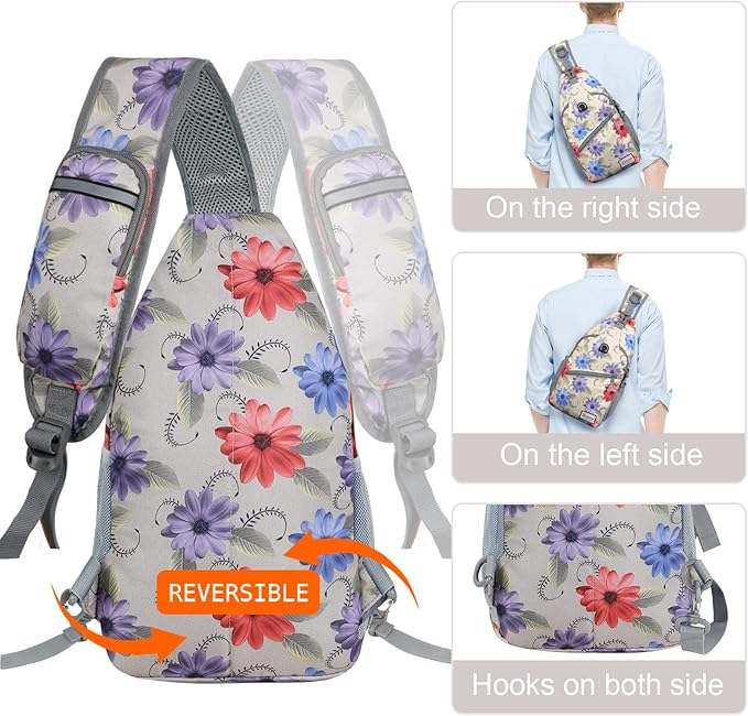 ZOMAKE Sling Bag for Women Men, Small Crossbody Sling Backpack, Mini Water Resistant Shoulder Daypack for Travel, Anti Thief Chest Bag for Hiking, Sports(Color Chrysanthemum)